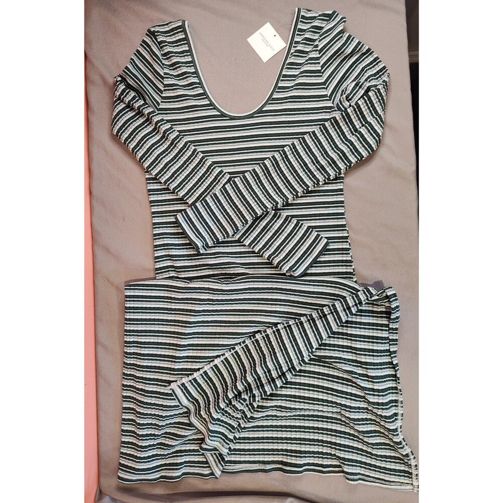 Women's American Eagle Long Sleeve Knit Midi Striped Dress Large Teal